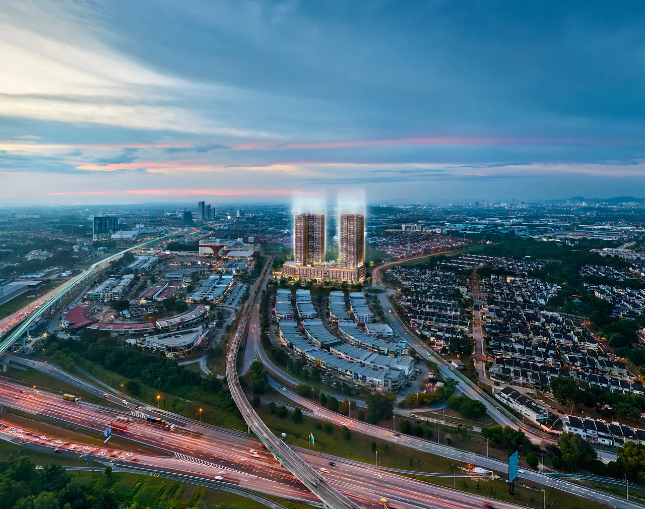 Rendering of Rosedale towers within a wider urban landscape beneath a blue sky.
