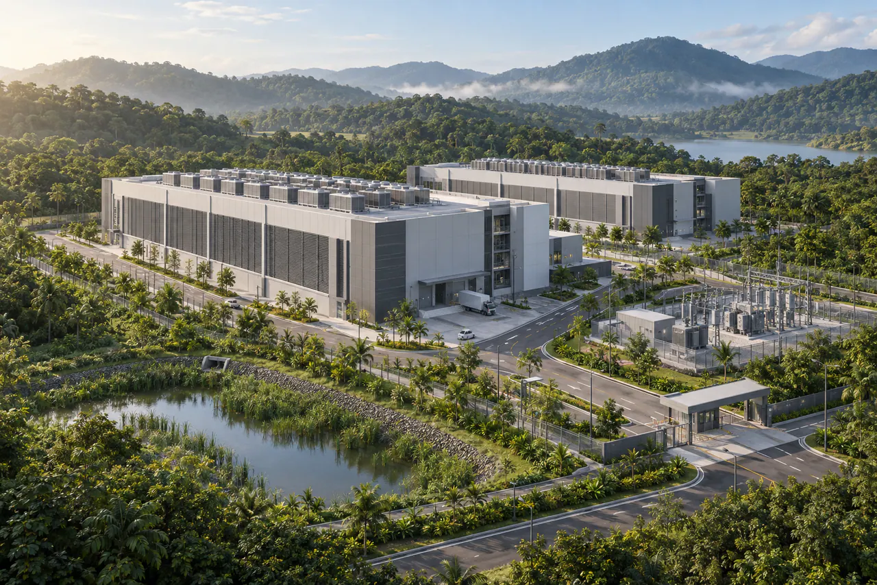 AI-generated concept of a technology infrastructure campus in a tropical landscape, not an existing Ancubic project.