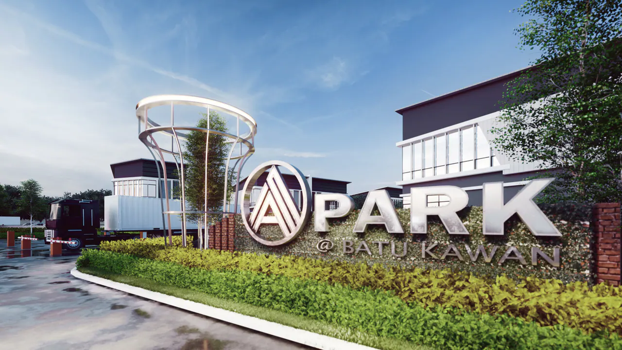Landscaped entrance and access road at A-Park Batu Kawan East.