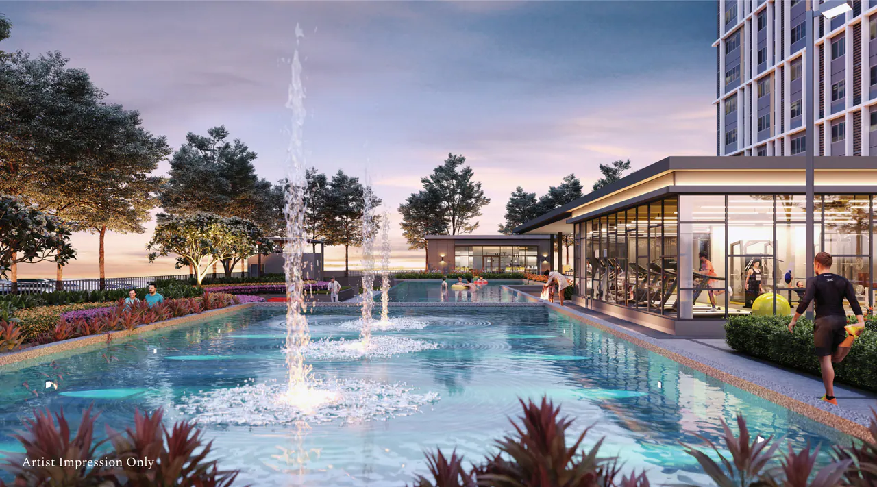Rendering of the landscaped pool and shared leisure spaces at Rosalie Suites.
