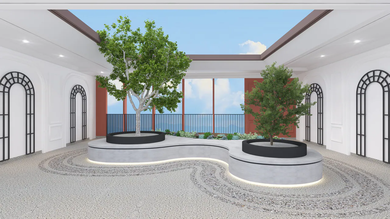 Rendering of an open-air courtyard with trees and planting at Rosedale.