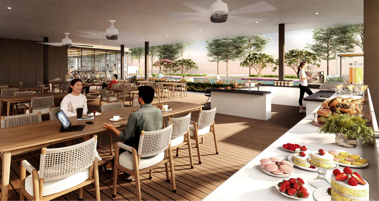 Rendering of a bright dining space at Rosalie Suites with seating beside large windows.